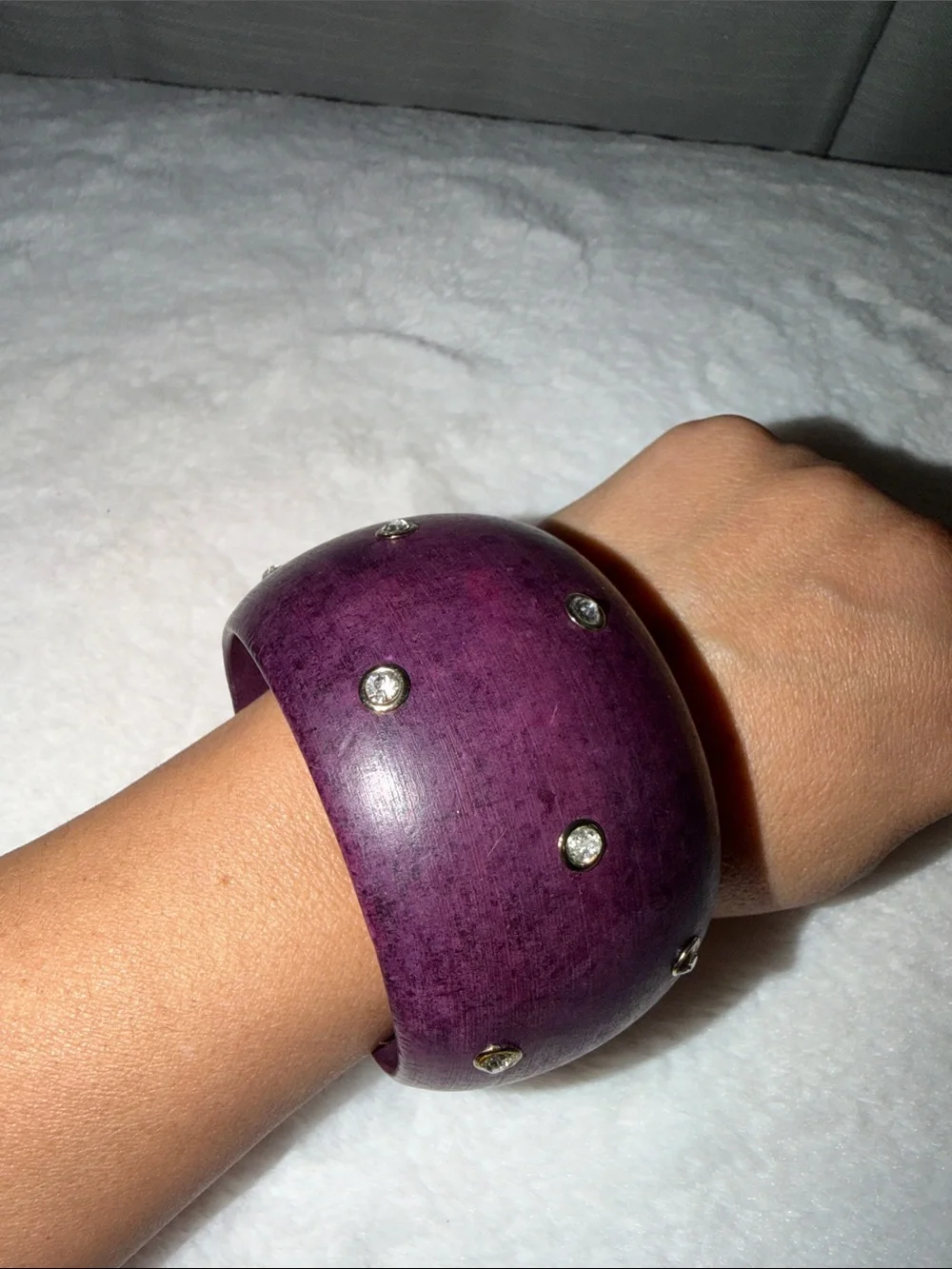 Purple Wide Dome Wooden Bangle Bracelet with Crystal Accents - Picture 1 of 5